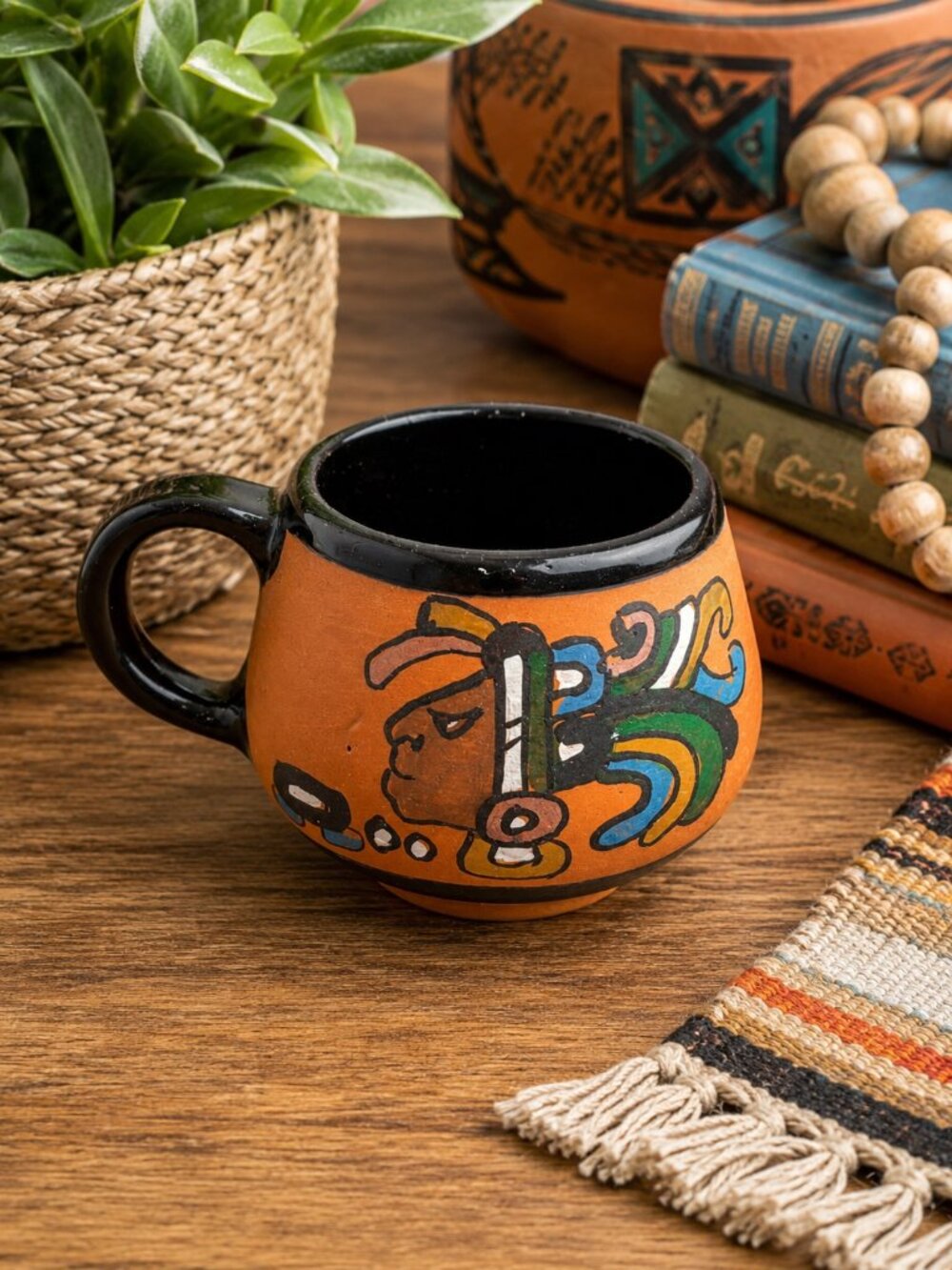 Vintage Mexican Mayan Folk Art Pottery Mug Hand Painted Terracotta Coffee Cup 3"